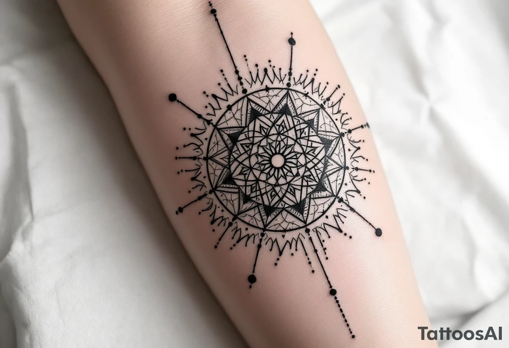 simple, minimalist tattoo, sacred geometry mandala, centerpiece design, dotwork patterns, radiating geometry, symmetrical mandala, geometric shapes, intricate dotwork, sacred patterns, mandala center, geometric radiating, fine line work, black grey shading, minimalist design, no outlines, arm placement, delicate linework, precise geometry, clean symmetry, sacred symbols, geometric precision, dotwork details, mandala focal point, refined patterns, understated complexity, geometric harmony, minimalist tattoo idea