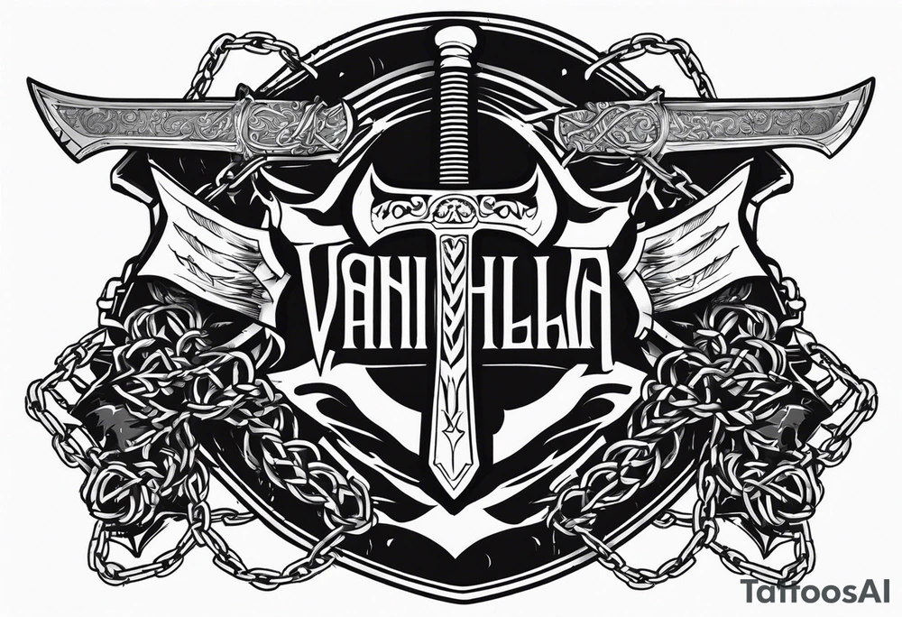 Valhalla sword shield axe barbed wire chains dark cloud tattoo idea