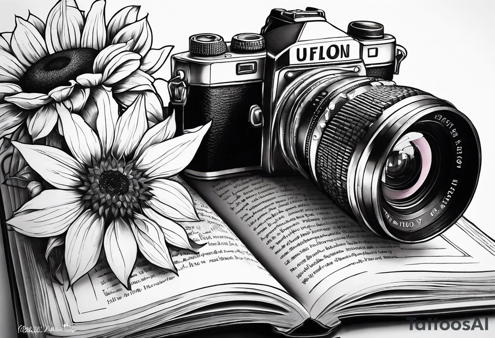 Butterfly, sunflower, camera, book, flower rose tattoo idea Butterfly, sunflower, camera, book, flower rose tattoo idea