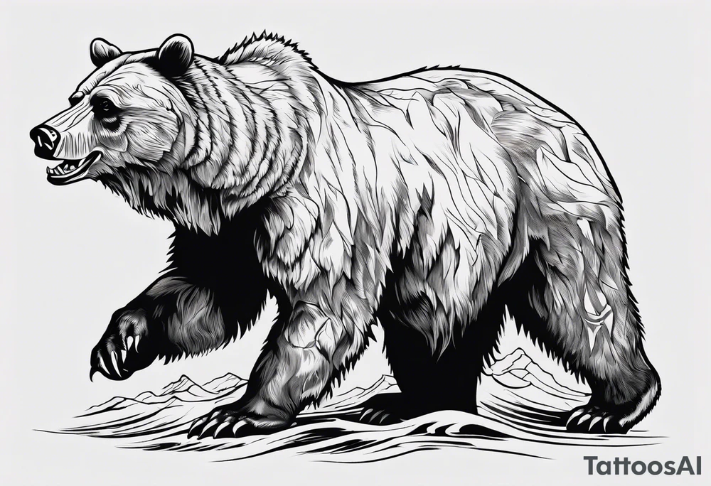 A transparent growling grizzly bear standing on hind legs and inside the bear a realistic depiction of the triglav mountain in slovenia and under the sea pounding the mountain. All inside the bear tattoo idea