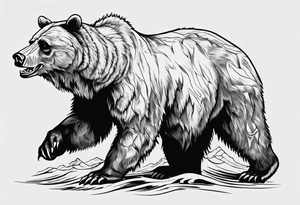 A transparent growling grizzly bear standing on hind legs and inside the bear a realistic depiction of the triglav mountain in slovenia and under the sea pounding the mountain. All inside the bear tattoo idea