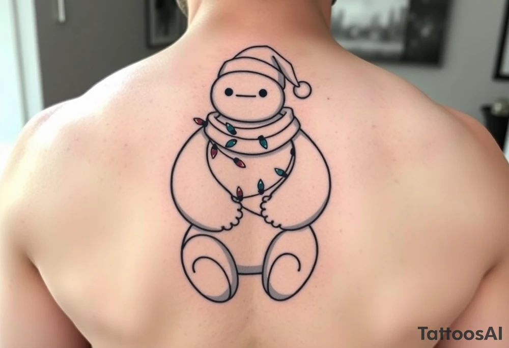 Disney Christmas themed sitting Baymax  wrapped up in Christmas lights and Santa hat tattoo idea