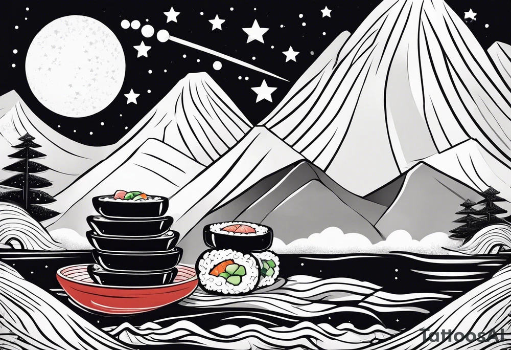 Open book with stars and mountains in a cartoon minimalistic design. Incorporate sushi rolls subtly tattoo idea