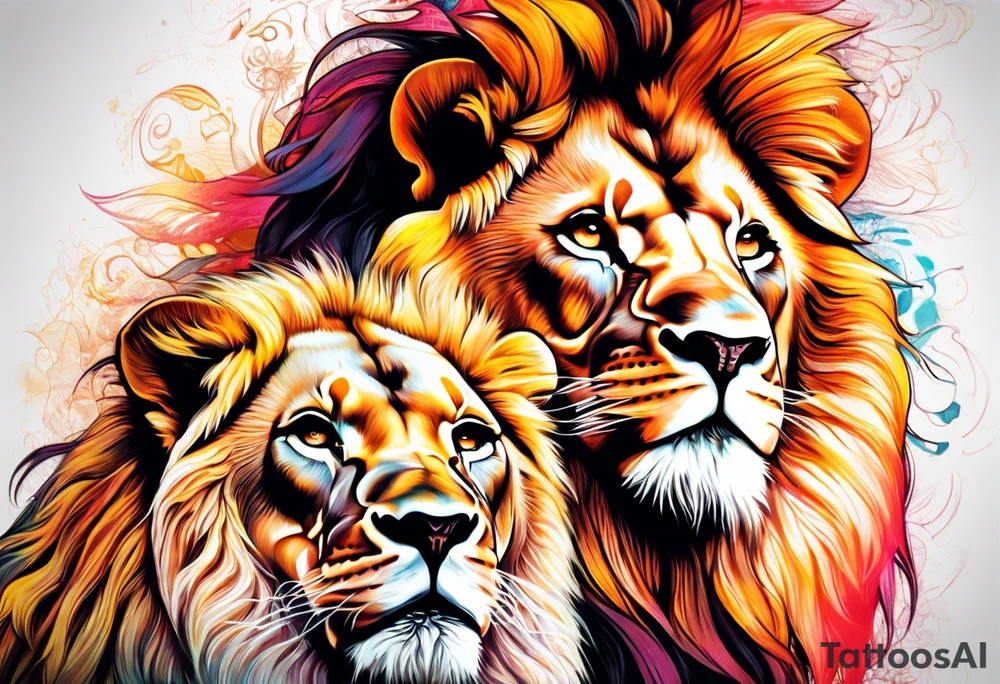 Realistic lion and lioness 
bonding tattoo idea