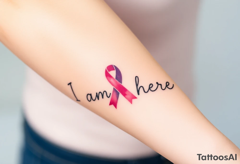 ‘I am here’ with breast cancer pink ribbon heartbeat rhythm tattoo idea