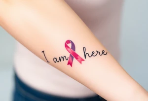 ‘I am here’ with breast cancer pink ribbon heartbeat rhythm tattoo idea