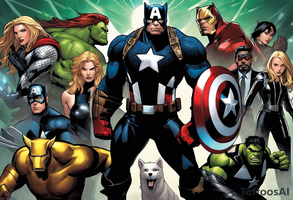 I want to change Avengers Team characters with animals. Hulk will be represented by a Badger.
Thor will be depicted as an Alpha Grey Wolf.
Captain America will be symbolized by a Bull.
Iron Man's character will be embodied by a Canary.
Black Widow's role will be portrayed by an Axolotl.
Hawkeye will be depicted as a Sudan Plated Lizard.
Nick Fury will be represented by a Cat. tattoo idea