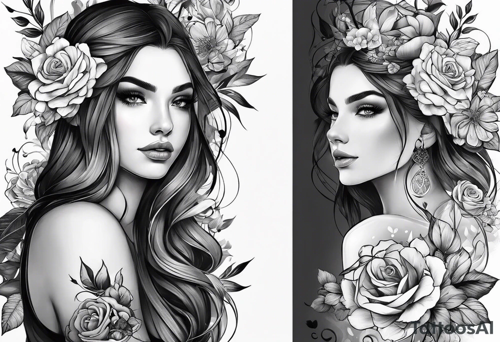 Mulher do signo de Touro mostrando as características, flores e livros atrás em volta da mulher com chifres para tatuar no antebraço parte interna tattoo idea