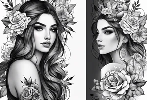 Mulher do signo de Touro mostrando as características, flores e livros atrás em volta da mulher com chifres para tatuar no antebraço parte interna tattoo idea