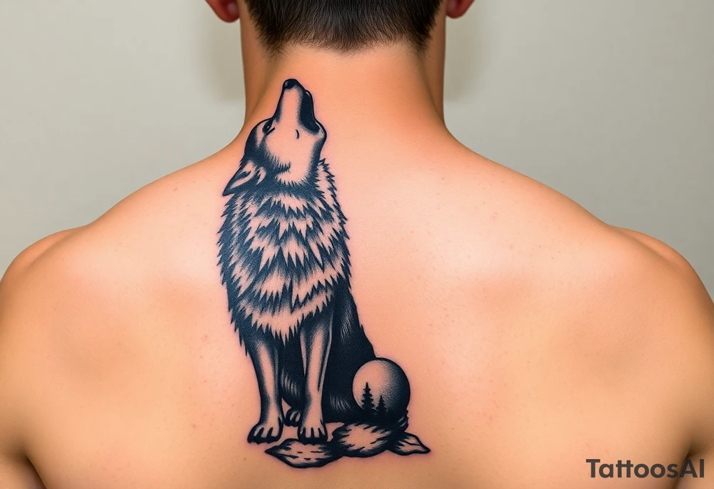lone wolf howling at full moon with northern lights backdrop tattoo idea
