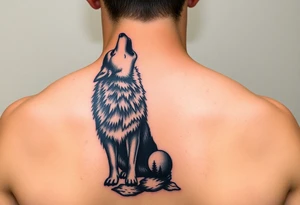 lone wolf howling at full moon with northern lights backdrop tattoo idea