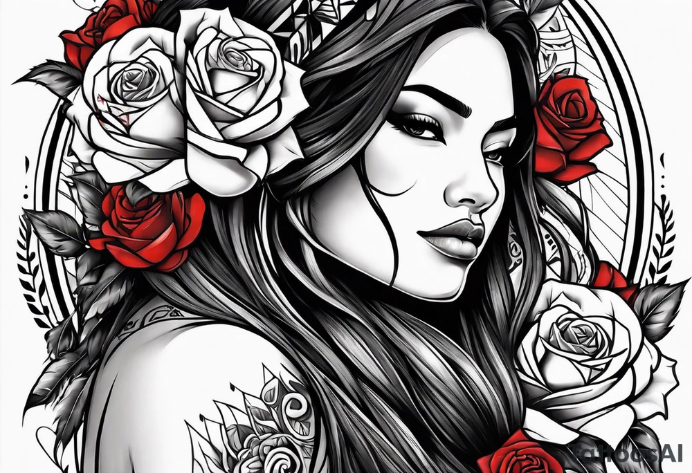 Native American woman wrapped in roses with a wolf tattoo idea