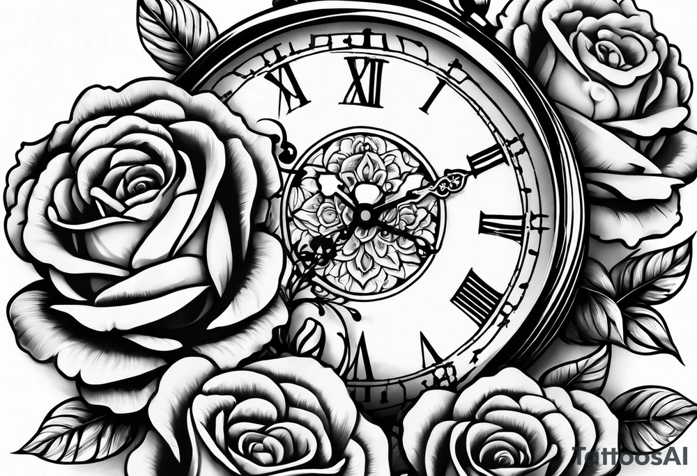 Pocket watch with chain and roses tattoo idea