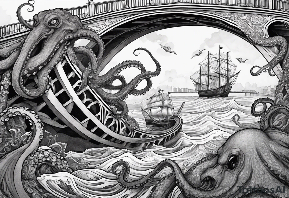 Giant Octopus attacking bridge tattoo idea