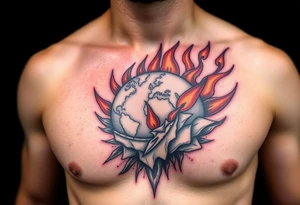 toxic world on fire tattoo idea