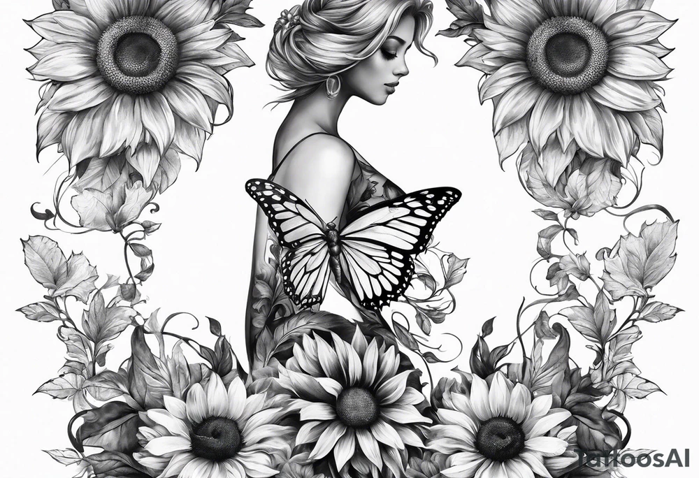 Sleeve with angel wings, sunflower and butterfly tattoo idea