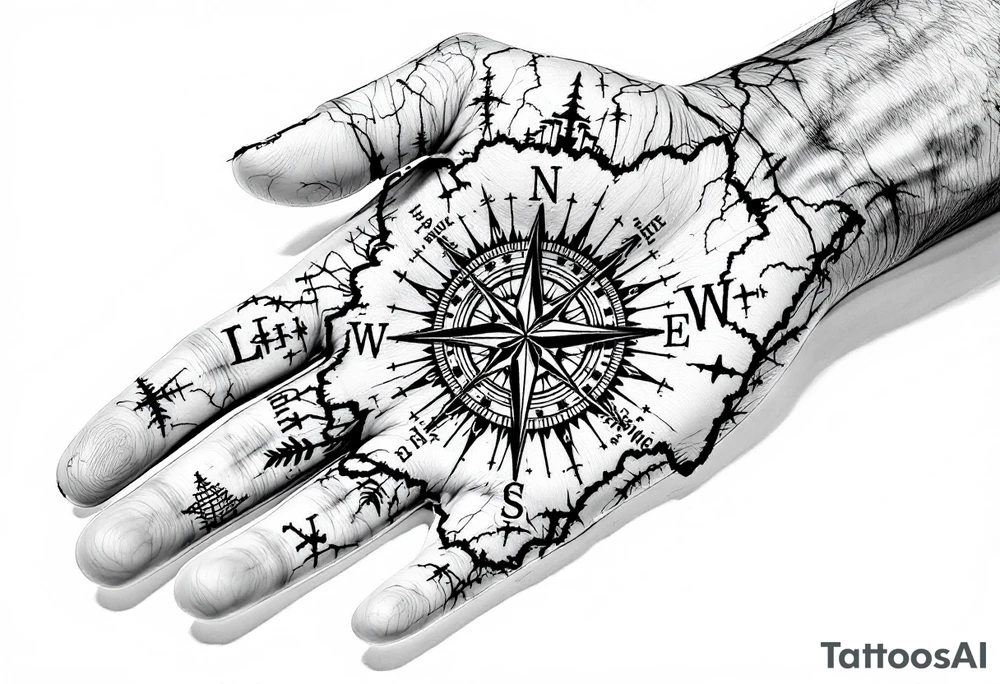 Compass on the back of the palm in the shape of Nigeria with longitude written on the top and latitude written on the bottom. tattoo idea