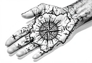 Compass on the back of the palm in the shape of Nigeria with longitude written on the top and latitude written on the bottom. tattoo idea