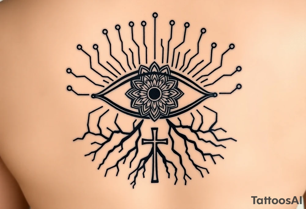 Central Element: A large, stylized eye is the focal point.

The iris of the eye is filled with a mandala pattern, symbolizing depth, balance, and inner awareness.

The lines are fine and clean, forming symmetrical layers and floral-like geometry within the mandala.

Upper Design: From the top of the eye extend circuit-like branches, mimicking electronic pathways.

These lines rise vertically and diagonally in symmetrical fashion, ending in rounded circuit nodes, representing intelligence, logic, and the digital mind.

Lower Design: From the bottom of the eye extend natural tree roots.

These branches flow organically and curve outward, grounding the symbol with themes of nature, growth, and spiritual connection.

Text Element: Below the tree roots is the word "σοφία" in Ancient Greek, meaning wisdom.

The font is clean and classical, giving it a timeless, philosophical presence.

Religious Symbol: Directly below the Greek word is a simple, black cross.

The cross is thin, minimal, and vertically aligned with the center of the eye, representing faith, spirituality, or divine guidance.

Placement: back tattoo idea