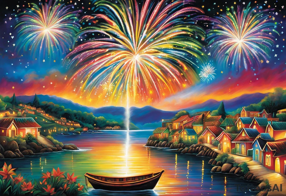 Fireworks burst across the night sky, surrounded by glowing candles and stars, capturing the magic and nostalgia of Colombian December nights. The scene is vibrant with multi-colored lights and an air of celebration. Soft linework mist or halos around the fireworks adds a magical, dreamy quality to the scene. The tattoo reflects joy and tradition, with an emphasis on warmth and festivity. tattoo idea