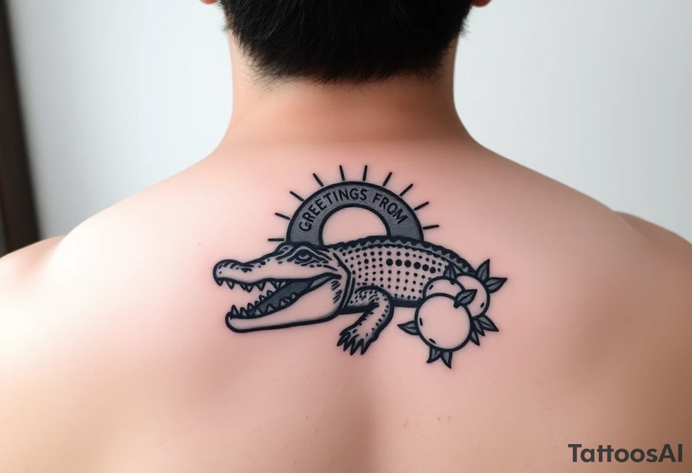 Greetings from florida themed traditional tattoo with a gator, sun and oranges can be a postage stamp tattoo idea