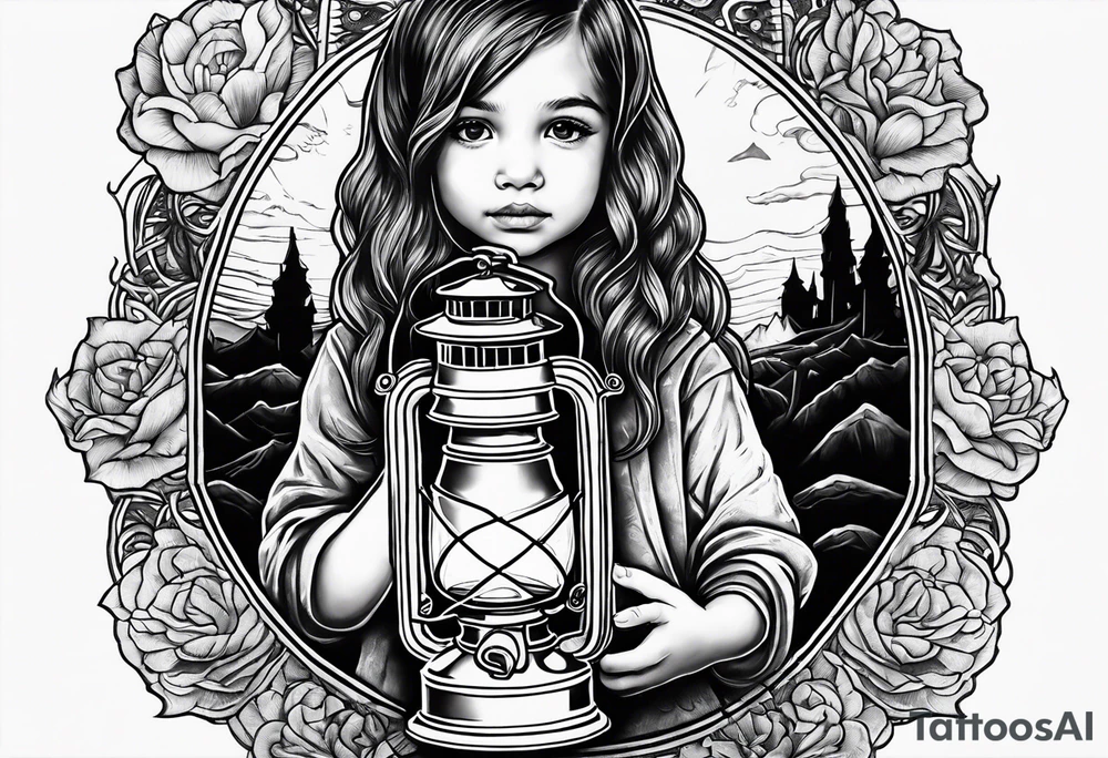 A small girl holding a lantern in hell tattoo idea