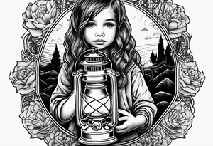 A small girl holding a lantern in hell tattoo idea