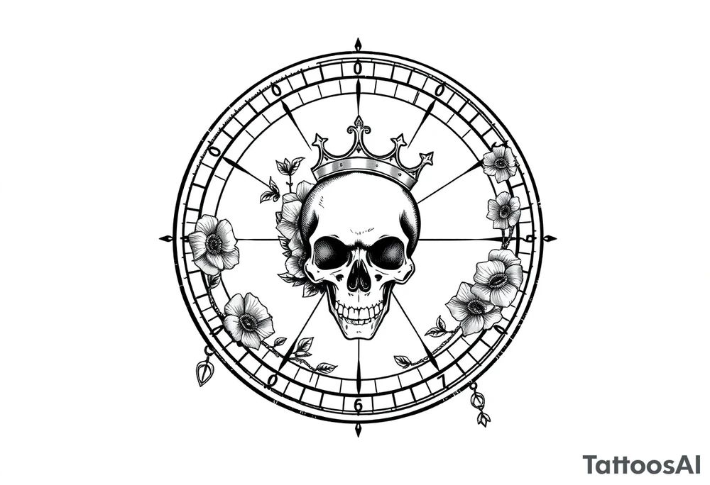 Compass with detailed beautiful gothic boho flowers on vine and skull with gorgeous crown tattoo idea