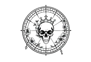 Compass with detailed beautiful gothic boho flowers on vine and skull with gorgeous crown tattoo idea