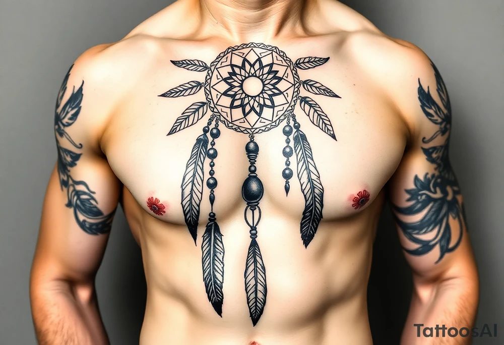 native dreamcatcher with flowing feathers and sacred beads tattoo idea
