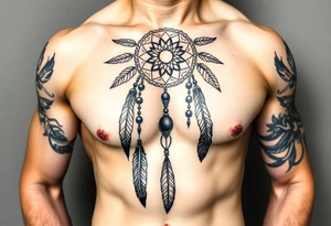 native dreamcatcher with flowing feathers and sacred beads tattoo idea