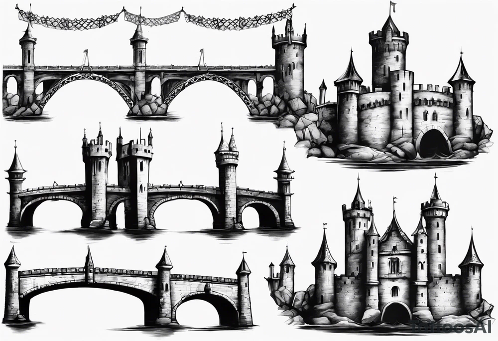 a short, completely horizontal bridge linking the top of two medieval towers together tattoo idea