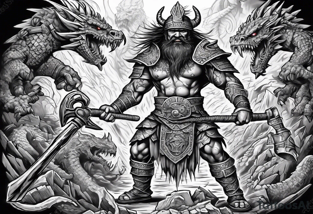 aztec dwarven warrior with a war axe fighting against a dragon in the pits of hell tattoo idea