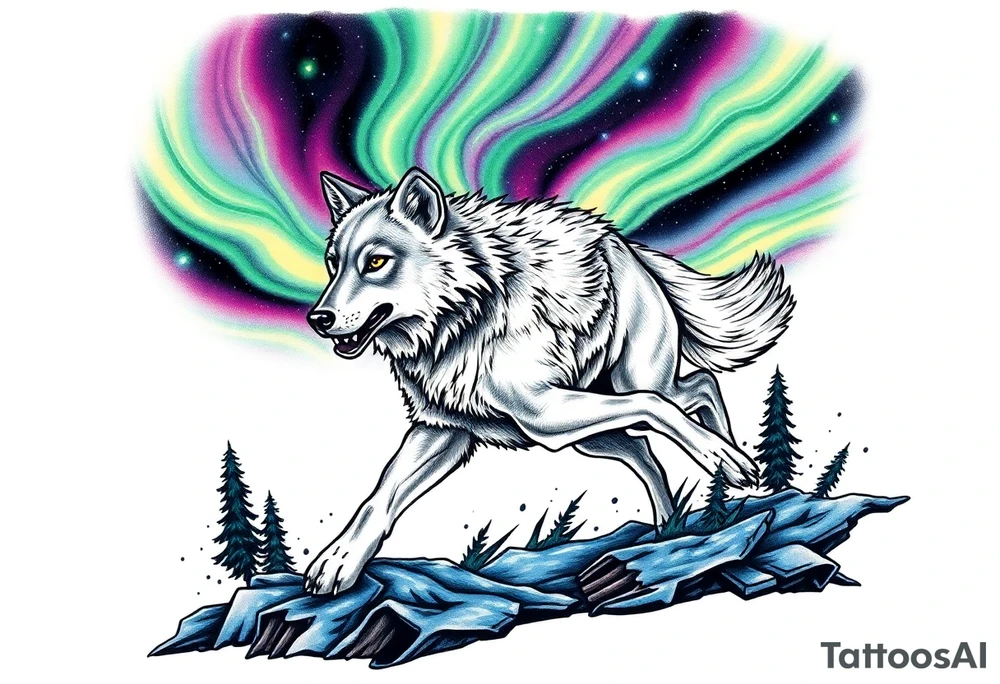 Wolf Running under the northern lights tattoo idea