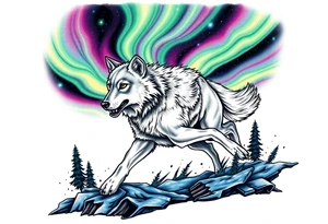 Wolf Running under the northern lights tattoo idea