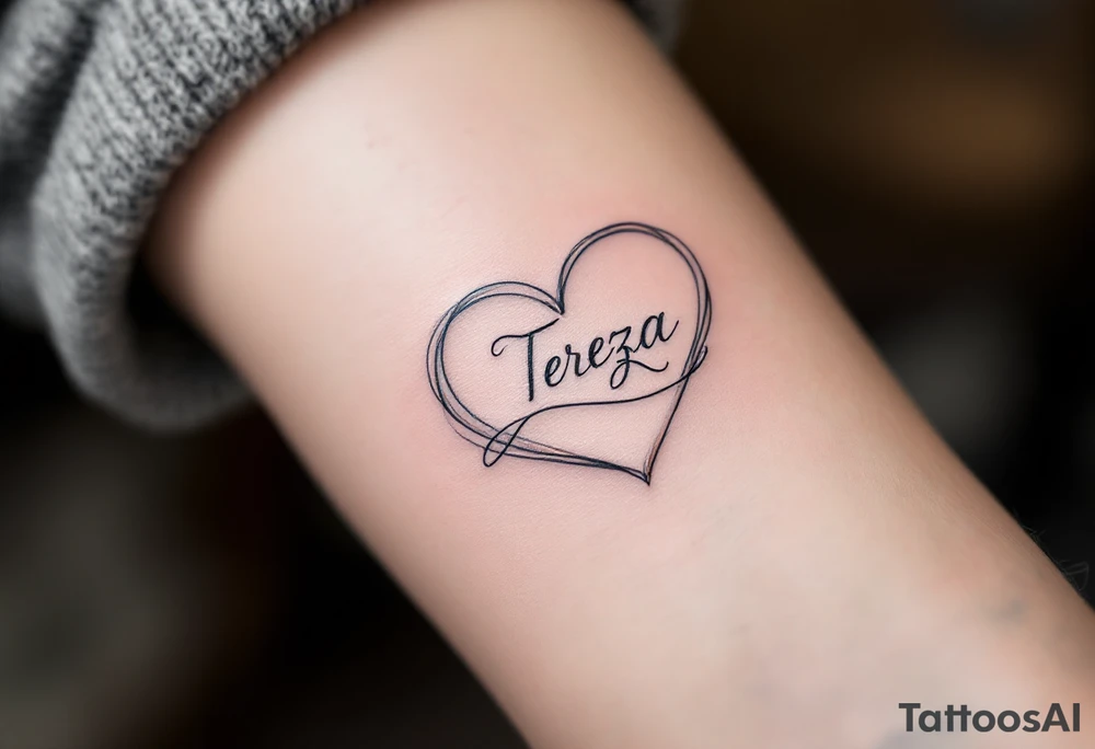 A delicate, outline heart with a flowing ribbon, containing the name "Tereza" in elegant cursive, with soft pastel pink and gold accents. tattoo idea