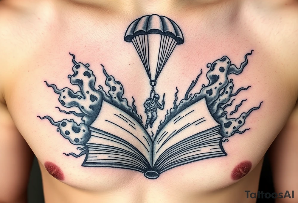 A parachuting soldier landing into an open book. Chaos surrounding, but the book is protecting the soldier from it. On the chest. Make the tattoo smaller. Make it thought provoking. Make the chaos in the environment be an eerie mist. Make the pages in the book be blank. Just one soldier, no other characters. the book is old. tattoo idea