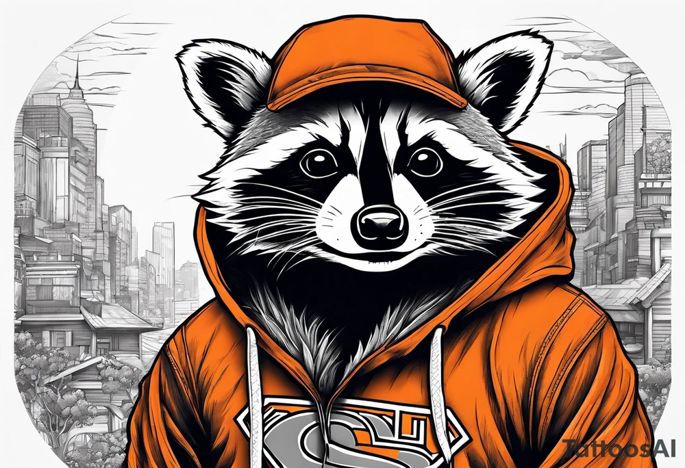 Raccoon wearing an orange Superman hoodie tattoo idea