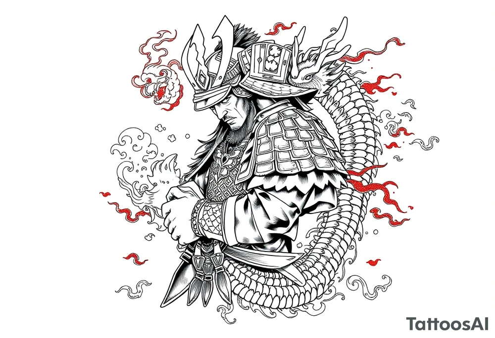Samurai warrior with traditional armor entangled with a Japanese dragon, mythological elements, flowing composition, black ink tattoo style with red accents, swirling clouds, ornamental Japanese patterns, sketch-style linework, vertical tattoo layout for forearm or sleeve build-out tattoo idea