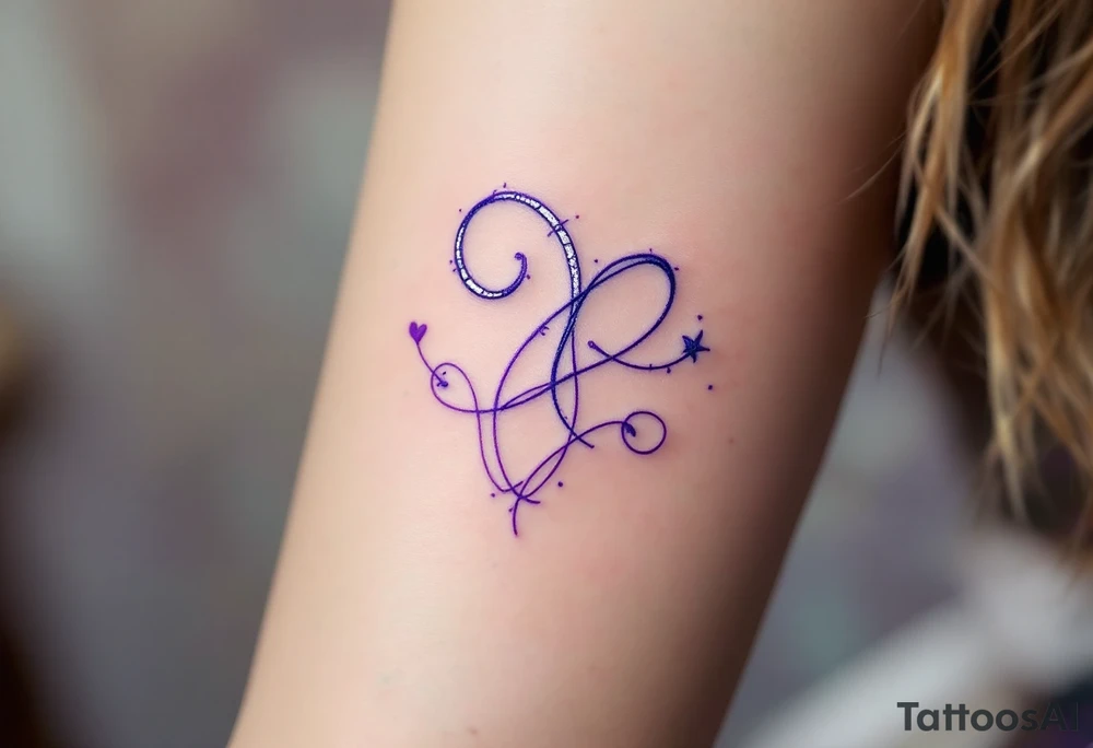 A silver  ᚹ love rune with blue accents, surrounded by violet tattoo idea