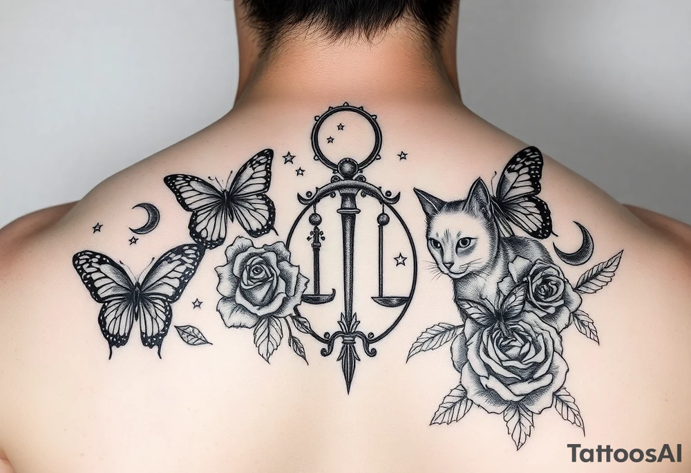 Butterflies and stars and moons and roses and the libra zodiac sign cats tattoo idea