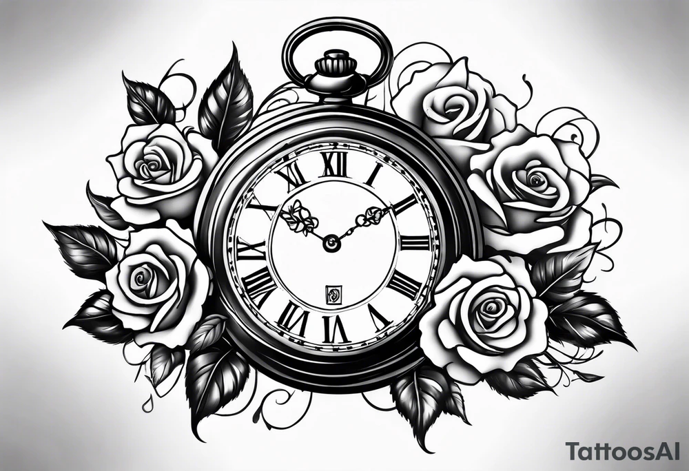Pocket watch with train and roses tattoo idea