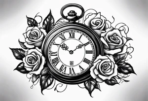 Pocket watch with train and roses tattoo idea