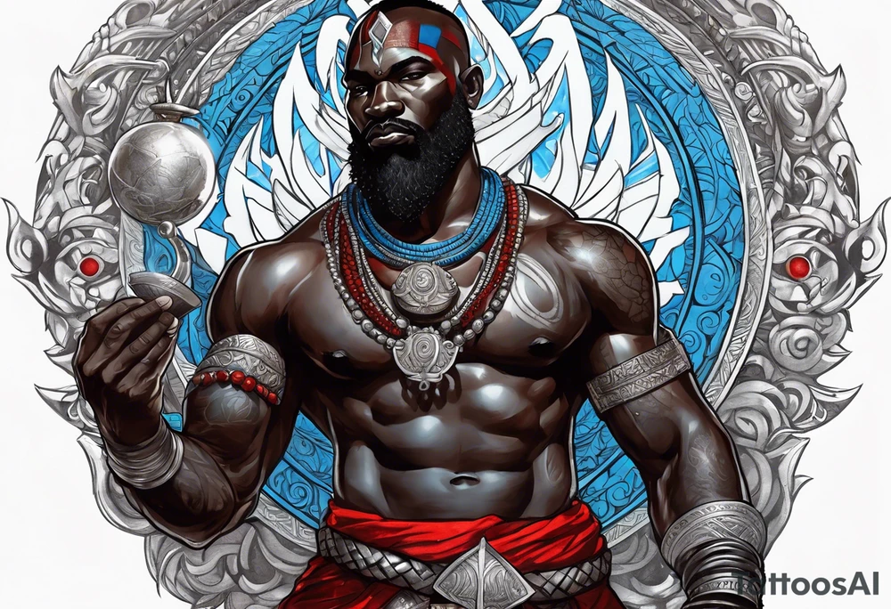 Black-skinned african god of war with a small silver crown, no armor, and two ball necklaces: one blue, other red tattoo idea