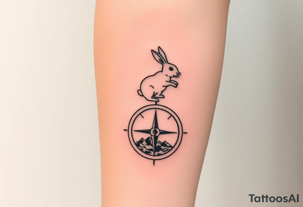 Rabbit jumping on top the compass that looks like a rabbit hole. tattoo idea