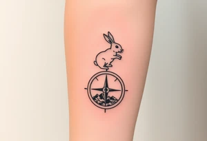Rabbit jumping on top the compass that looks like a rabbit hole. tattoo idea
