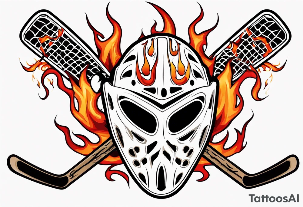a goalie mask with crossed hockey sticks and flames that says "SHOT HOCKEY" tattoo idea