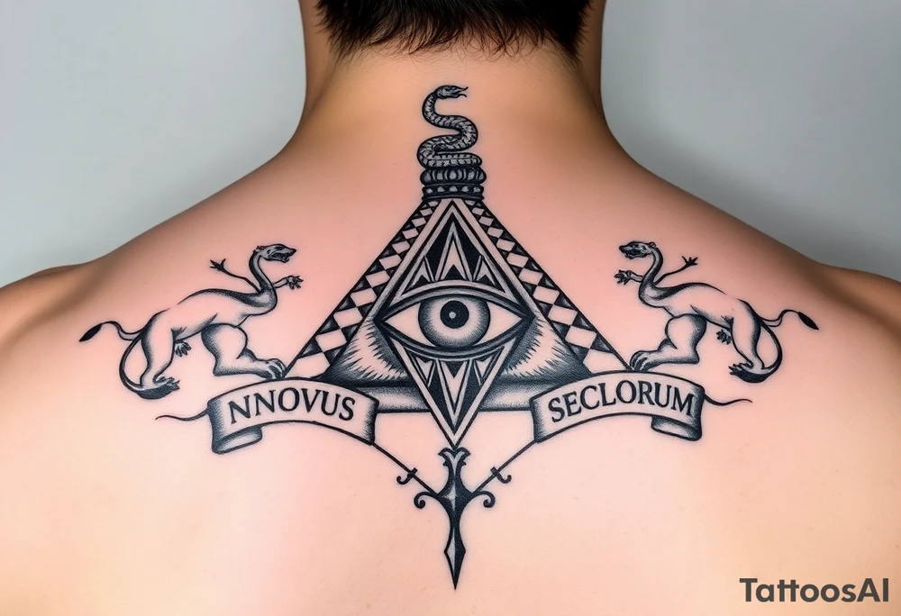 Pyramid with eye in the center, diamond with snake on the top,lions on corners,surrounded by words - novus ordum seclorum tattoo idea
