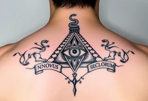 Pyramid with eye in the center, diamond with snake on the top,lions on corners,surrounded by words - novus ordum seclorum tattoo idea