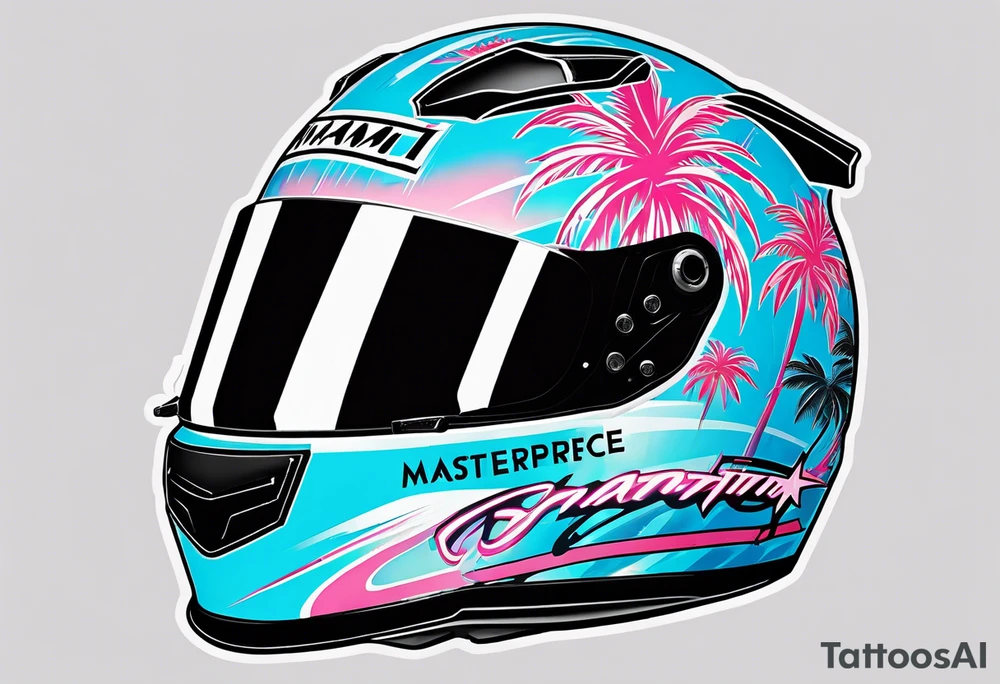 Formula 1 helment with the Miami name a palm tree and light blue black and pink colors 3/4 view tattoo idea